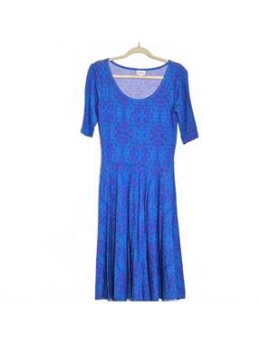 LuLaRoe Nicole Scoup Neck Swing Dress Turquoise Blue Hot Pink Size Small